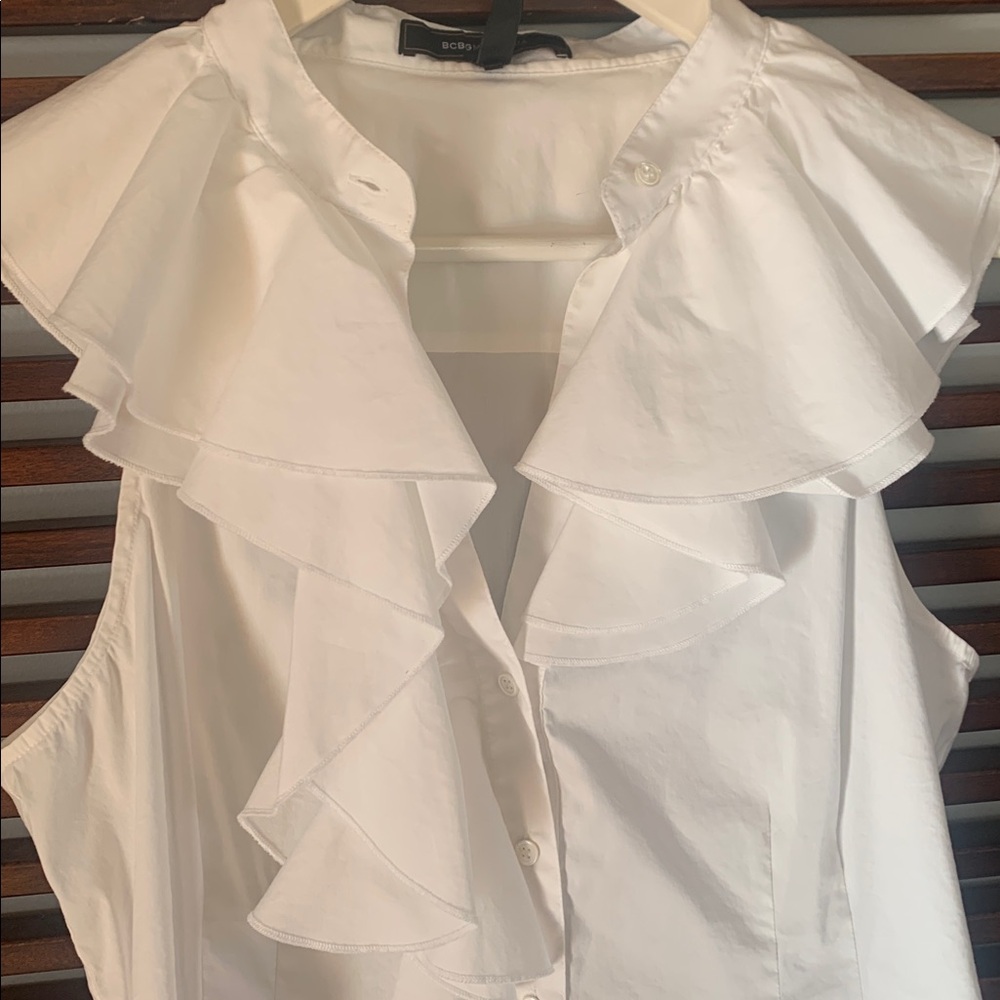 BCBGMaxAzria White Ruffled Button-Down Blouse - Picture 2 of 6